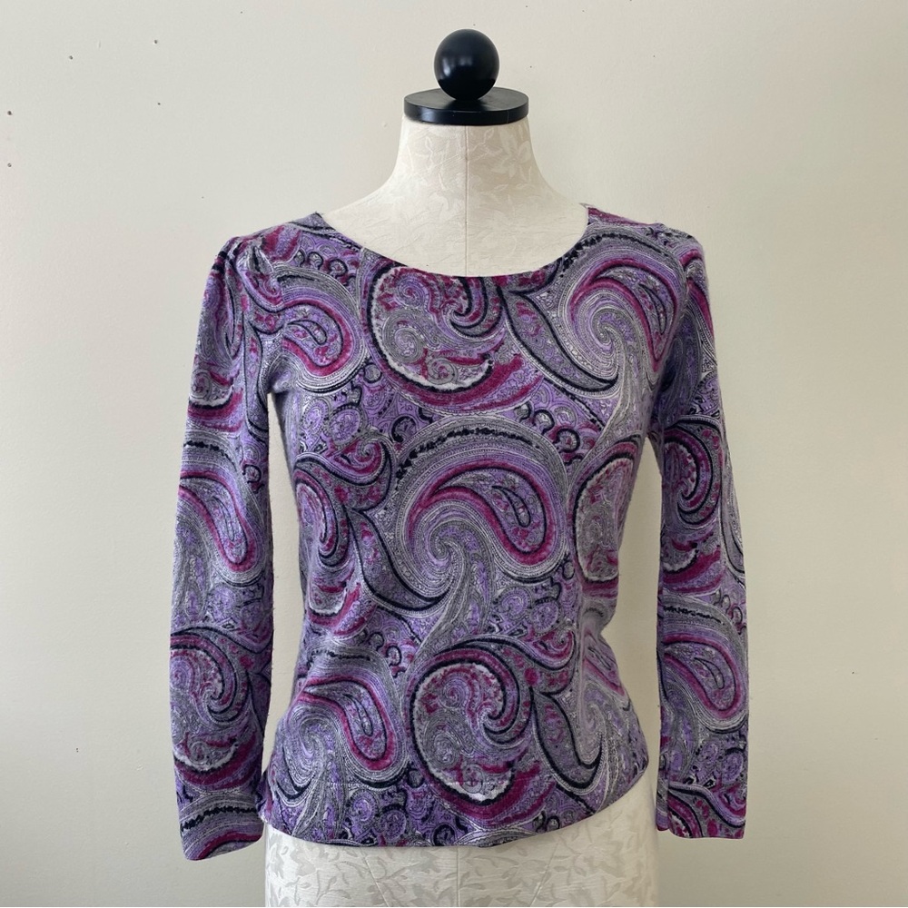 Talbots Purple Paisley Merino Wool Sweater Petite Small